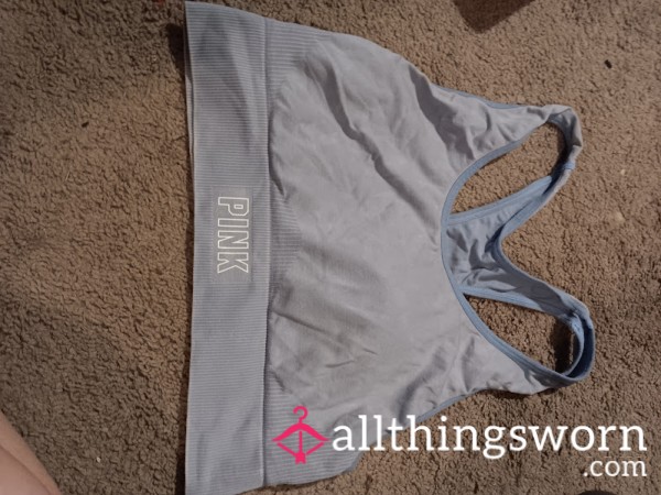 Worn Victoria’s Secret PINK Sports Bra – Light Blue, Tight, And Tantalizing (Size M/L)