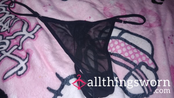 Worn Well Loved Black Sheer Mesh Thong Panties 🖤