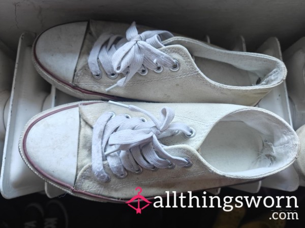 Worn White Canvas Sneakers – Preloved And Full Of Character