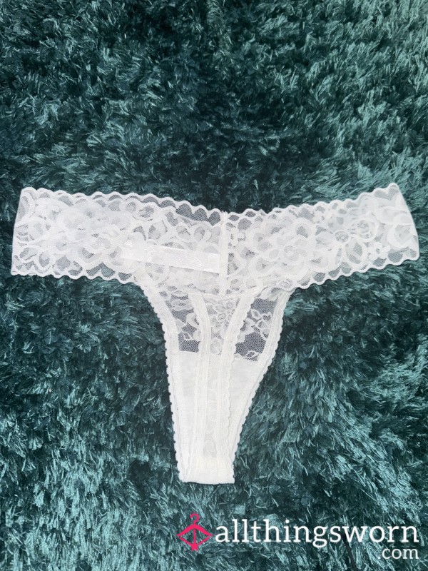 Worn White Flor*l Lace Thong