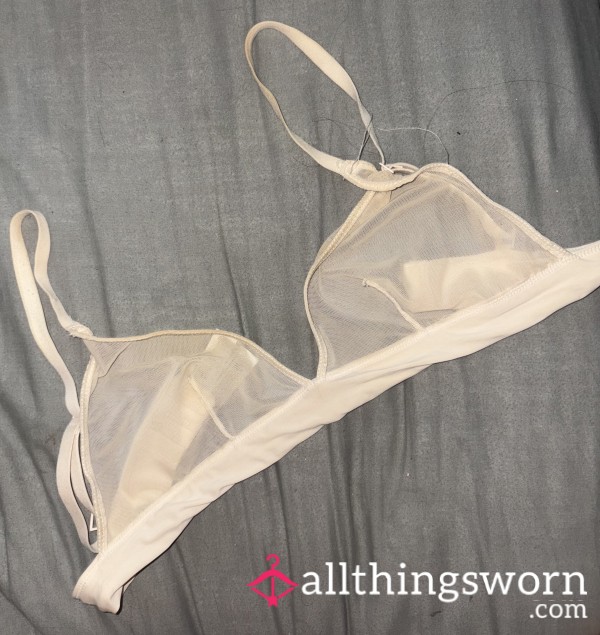 Worn White Mesh Bralet – All Day & Night Tease 💋