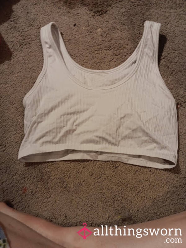 Worn White Ribbed Aerie Crop Bralette – Soft, Snug & Scented (Size M/L)