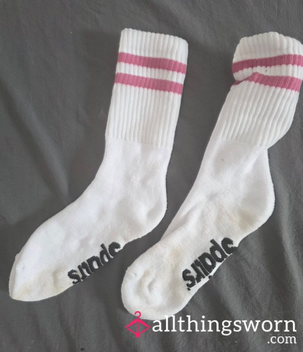 Worn White Sports Socks With Pink Stripes