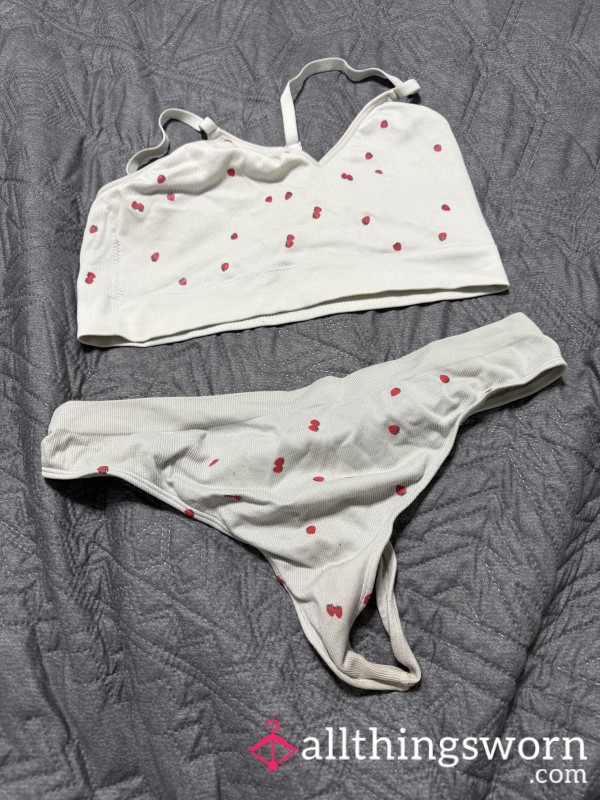 Worn White Strawberry Lingerie Set – Sweet & Seductive 🍓
