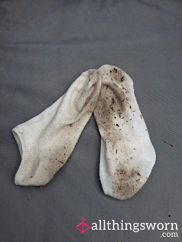 Worn White Trainers Socks. Worn For A Full Day Around The House And Out In Garden