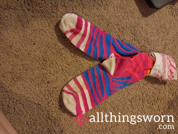 Worn & Wild – Pink, Blue, And White Striped Zebra Socks (Well-Used!)