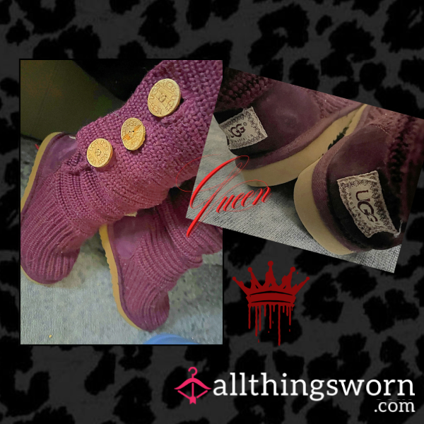 WORN WOOL UGG BOOTS -  Plum With Wooden Bu*tons UK Size 5.5 ❧ Cosy & Scented