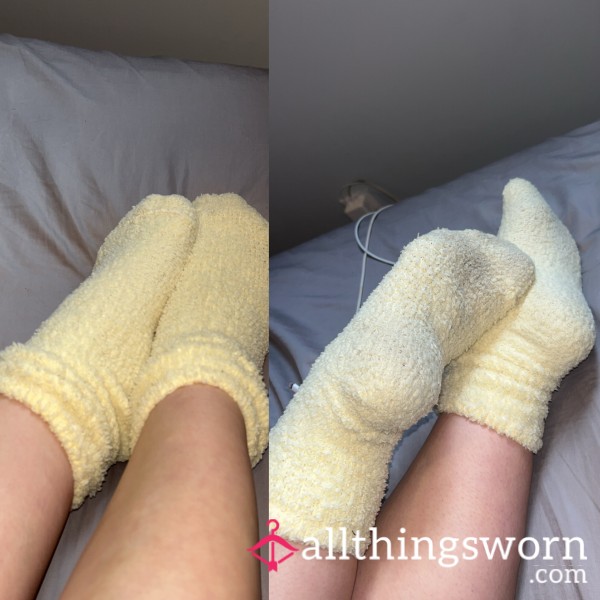 Worn Yellow Fuzzy Socks