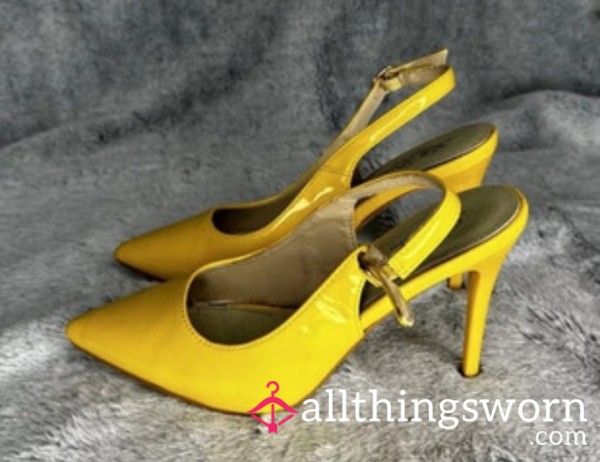 Worn Yellow Slingback Heels, Size 4-5