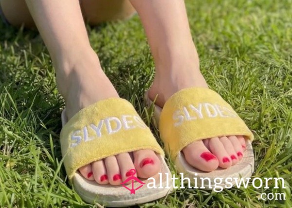 Worn Yellow Slydes Towelling Sliders Terry Cloth P**l Slides  Towelling That Soaks Up More Than Water.