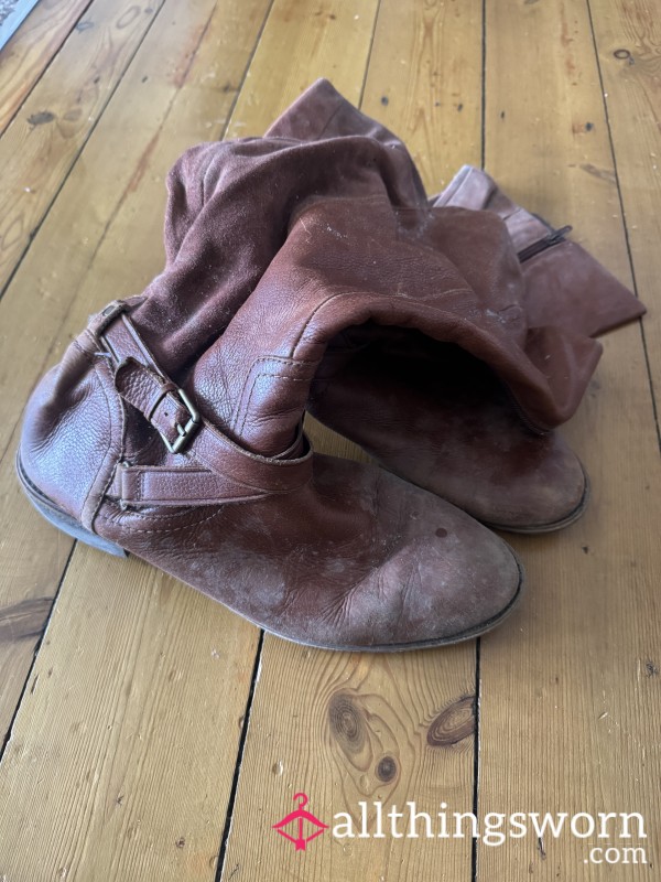 Wrecked Leather Knee High Boots