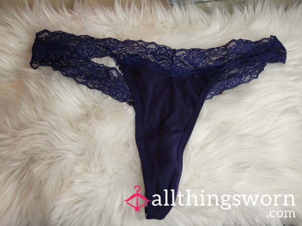 XL Blue Cotton And Lace Thong - 2 Saves