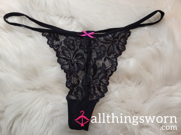 XL Little Black Lace Gstring With A Pink Bow - 3 Saves