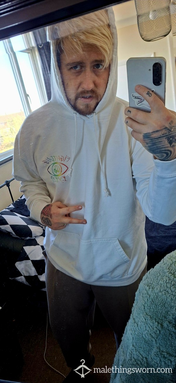 XXL White Hoodie – Festival Worn, Faded, Sweat & Scent Filled