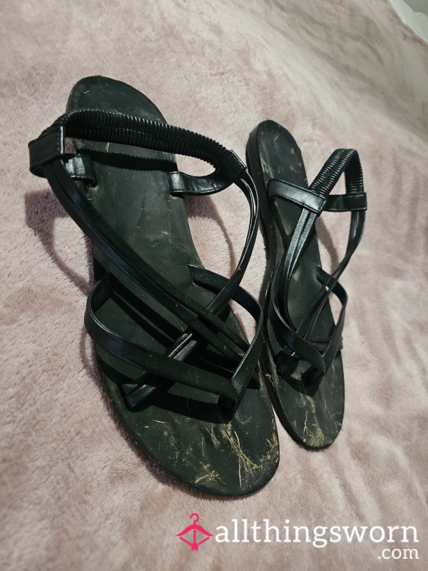 Years Old, Well-worn And Extremely Well Travelled Black, Flat Strappy Sandals 🩴