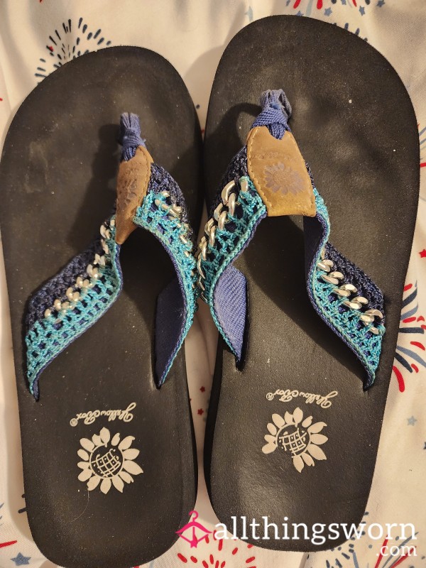 Yellow 💛 Box Flip Flops Teal 🩵 Navy Blue 💙 With Silver ⛓️