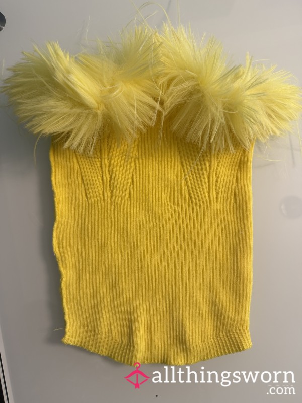 Yellow Fancy Crop Top With Yellow Fuzzy Fur. Size Small With Lots Of Stretch