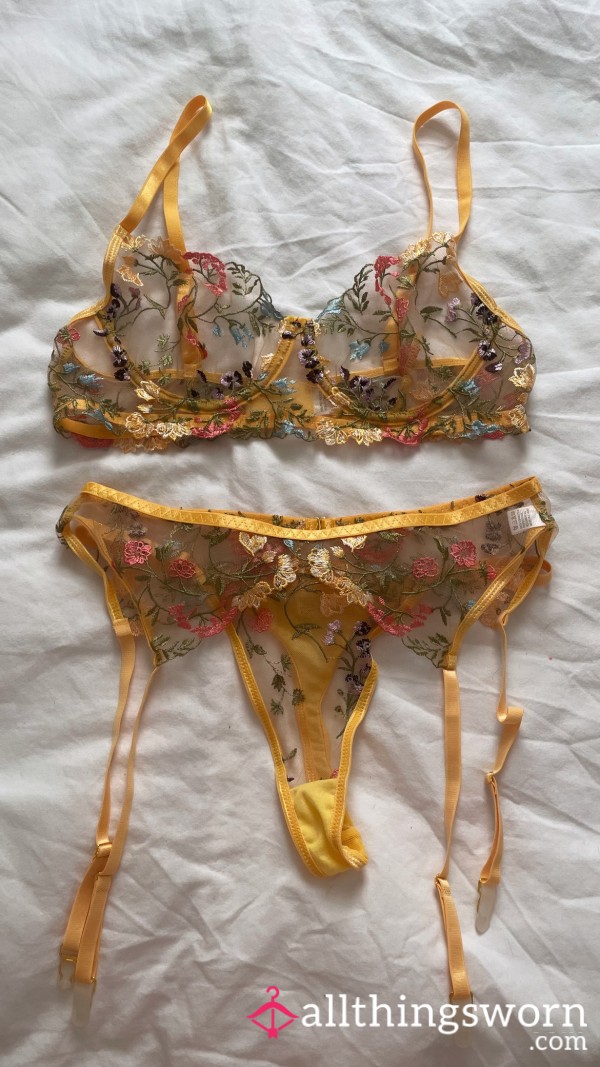 Yellow Flor*l 3 Piece Lingerie Set