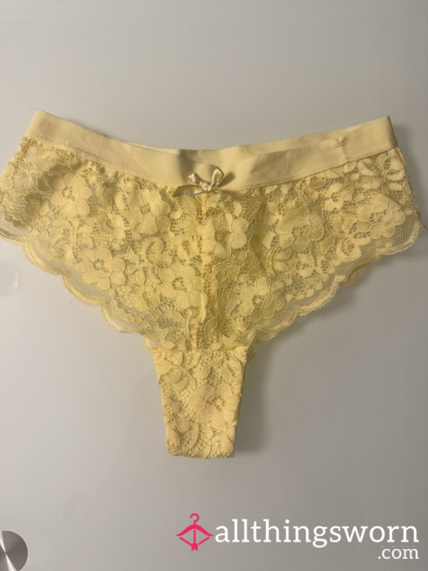 Yellow Lace Cheeky Thong With Bow In Front And Crisscross Accent In The Back. Unwashed And Used For Your Pleasure. Size Small Super Hot