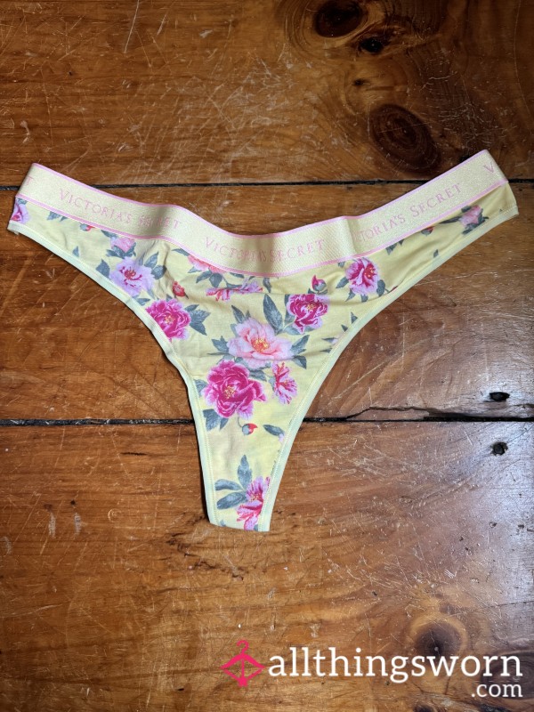 💛🌸 Yellow & Pink Flor*l Elastic Logo Waist Cotton Thong, XXL, VS