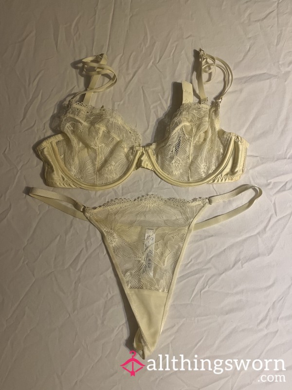Yellow Sheer Lace Matching Thong And Bra Set
