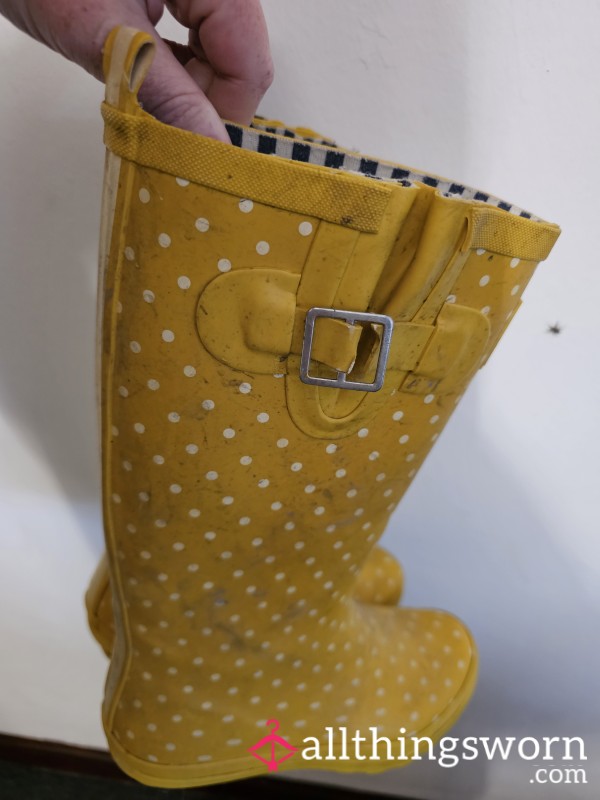 Yellow Wellie Boots, Never Washed Only By The Snow And Streams On Walks. Will Come With An Extra Walk Wear Through The Muddy Forest: FIlthy And Ready For You Clean With Locked In Toes Scents