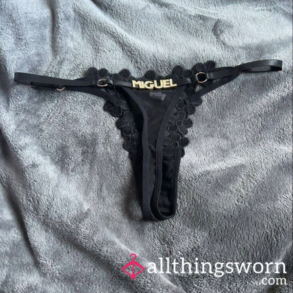 YOUR NAME In Gold On My S**y Black Lace Thong – Custom & Worn! 💎😈