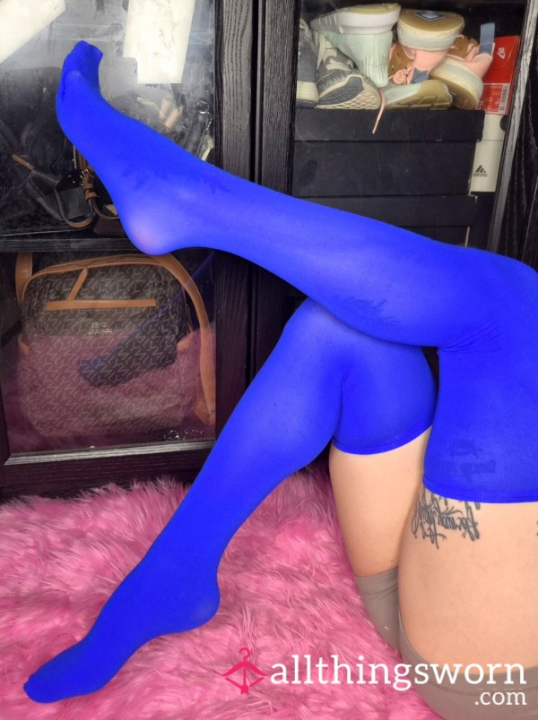 💙Yummy Bright Blue Soft Tall Thigh High Stockings Feet Fetish Japanese Asian Gym Girl Fitness Model Tattooed Feet