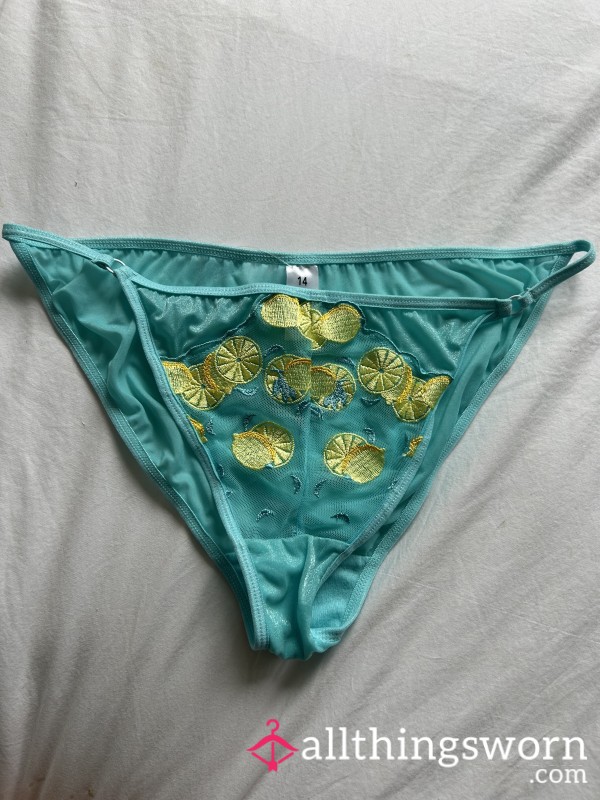 🍋🦋Zesty Temptation – Sheer Turquoise Citrus Panties (Worn Just For You)🦋🍋